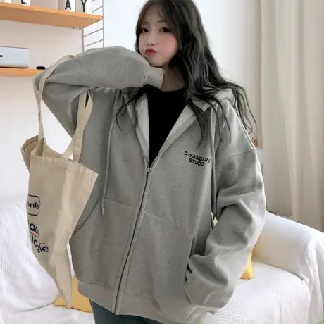 waitmore卫衣女秋冬韩版潮ins宽松bf慵懒风加绒加厚百搭拉链外套图片