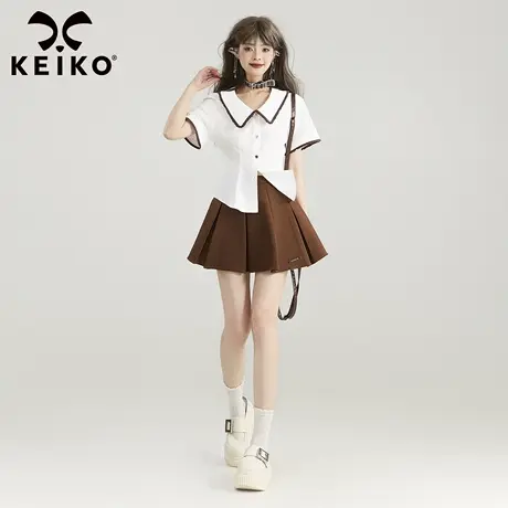 KEIKO 学院风白色翻领短袖衬衫女25夏季通勤法式漂亮打褶收腰上衣图片