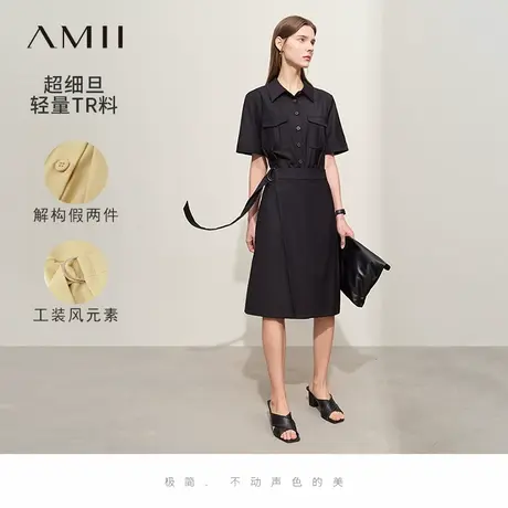 Amii2025夏新款通勤翻领假两件工装风短袖连衣裙女绑带小黑裙子图片