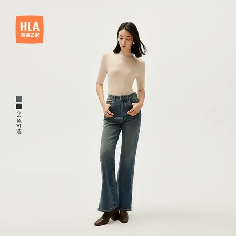 HLA/海澜之家五袋款通勤黑色牛仔裤秋季新款休闲喇叭开叉裤子女装图片