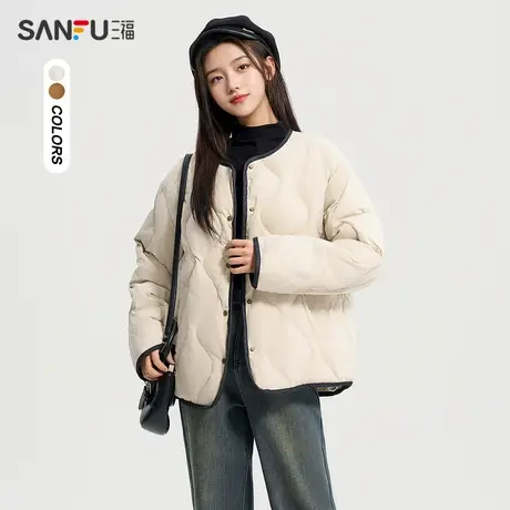 三福羽绒服2023冬季牛仔拼接袖菱格纹时尚保暖外套女装828016图片