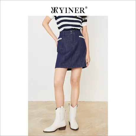 YINER音儿线上专选女装2022夏季时尚钉珠装饰牛仔半身裙图片