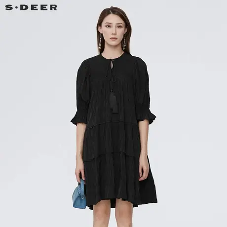sdeer圣迪奥女装V领系带褶皱不规则中袖连衣裙S22281222图片