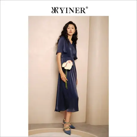 YINER音儿女装夏季法式优雅气质V领流光收腰质感连衣裙图片