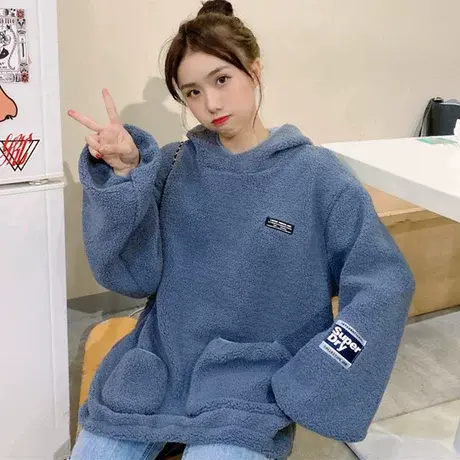 羊羔毛卫衣女秋冬韩版潮宽松bf慵懒风加绒加厚ins超火cec外套洋气图片