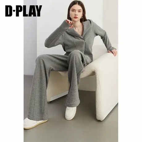 DPLAY2025春季新款休闲灰色卫衣女连帽正肩宽松门襟双开拉链上衣图片