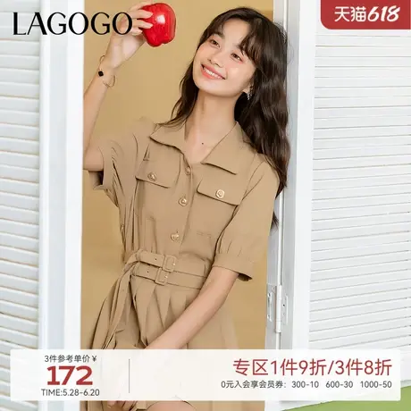 LAGOGO文艺复古短袖连衣裙女拉谷谷夏季新款气质翻领高腰连衣裙图片