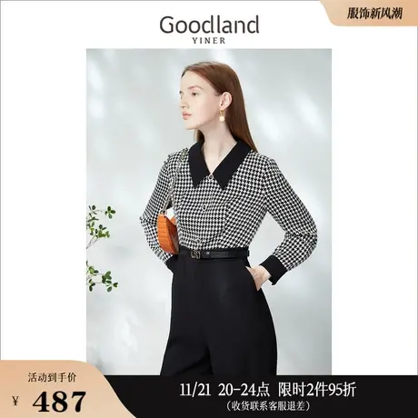 Goodland美地女装2023春季时尚休闲复古撞色千鸟格拼接连体裤图片
