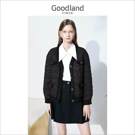 *Goodland美地女装冬季单排扣V领短款外套上衣图片