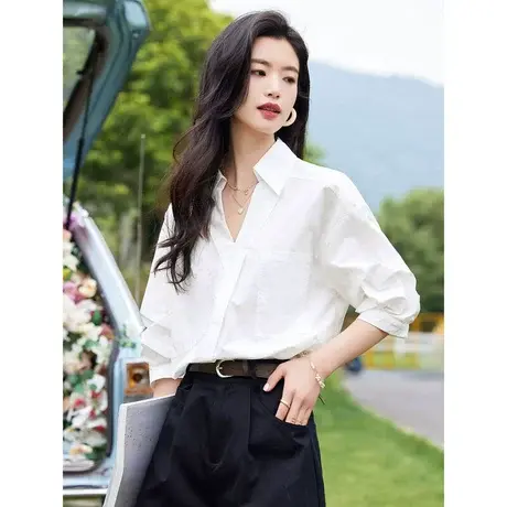 时尚气质五分袖衬衫2023年夏季新款淑女温柔翻领宽松显瘦百搭上衣图片