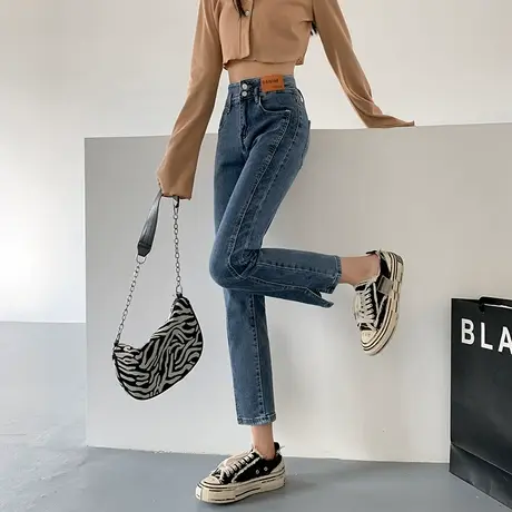 直筒开叉牛仔裤女2023年春秋新款潮高腰修身显瘦显高小个子烟管裤图片