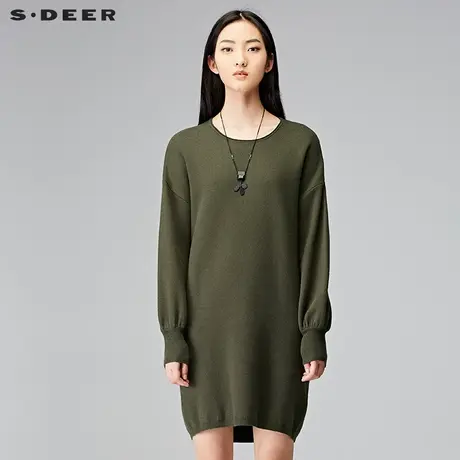 【预售】sdeer圣迪奥2018冬军绿灯笼袖落肩长款针织衫S17463584图片