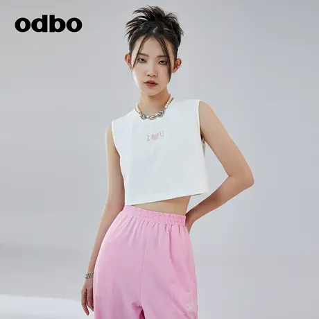 odbo/欧迪比欧国潮原创简约设计logo印花上衣女夏季露脐装白背心图片