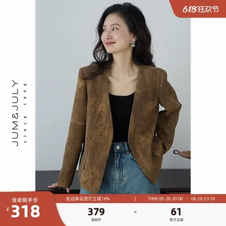 嘉茱莉无扣V领短款西装外套女2025春季新款小个子设计感小西服图片