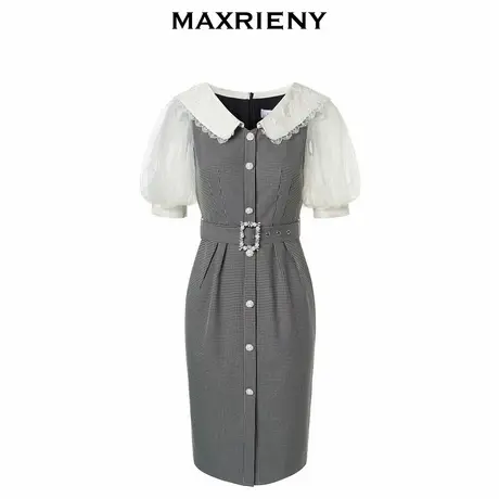 【奥莱】MAXRIENY法式浪漫黑白格纹翻领连衣裙复古格纹裙子女图片