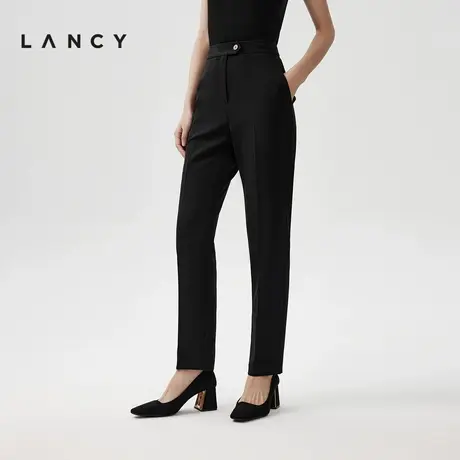 LANCY/朗姿2024春季新款气质修身直筒萝卜裤女高腰垂感休闲黑裤子图片