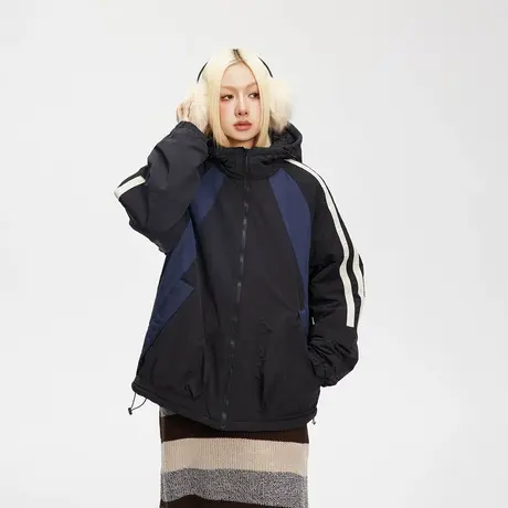 美式潮牌拼接连帽棉服女加厚冬季外套2023年新款复古宽松保暖棉衣图片