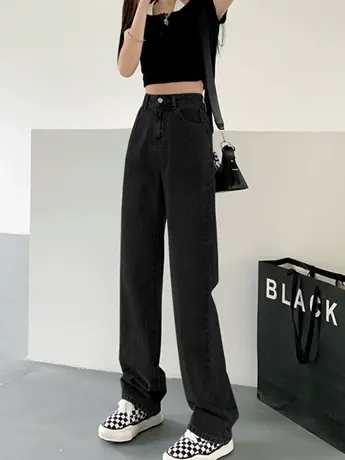 清仓捡漏高腰阔腿牛仔裤女復古设计感显瘦直筒宽松小个子拖地裤商品大图