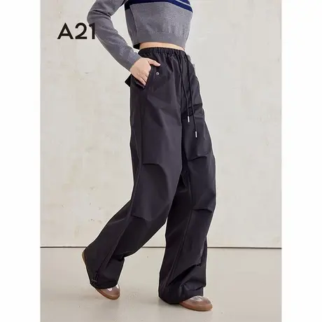 A21女装2024秋季新款梭织设计感褶皱美式工装裤高腰休闲运动裤图片