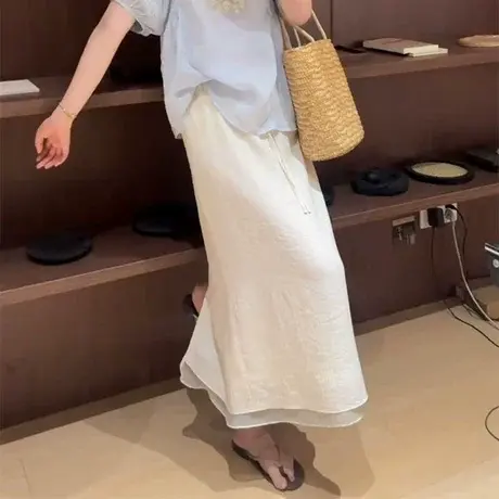 夏季时尚网纱拼接松紧腰系带显瘦半身裙女2025新款大码A字中长裙商品大图