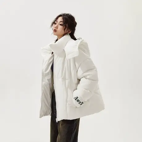潮牌纯色连帽棉服女冬季加厚外套2023新款美式复古宽松面包服棉衣图片
