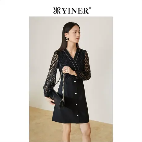 YINER音儿女装2022春季新款纱织网格灯笼袖拼接连衣裙图片