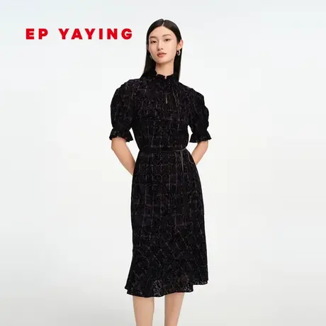 EP雅莹女装 意大利进口重工小黑裙植绒国风连衣裙 商场同款4603A图片