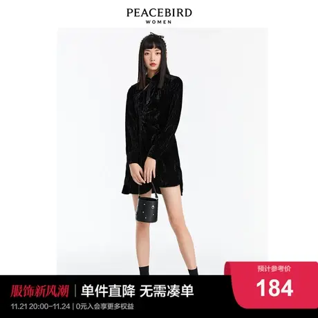 太平鸟黑色蜻蜓盘扣丝绒连衣裙女2022秋冬新款国风收腰改良式旗袍图片