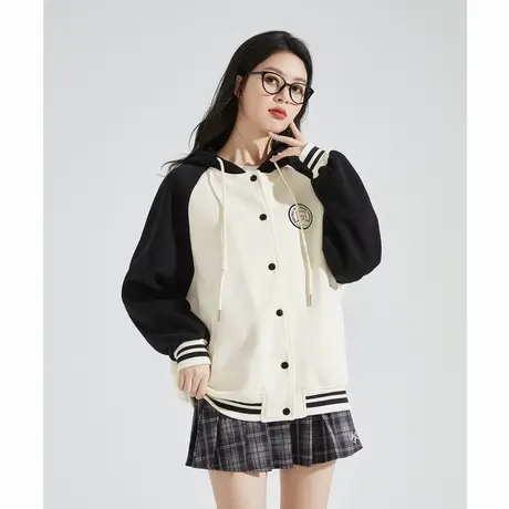 唐狮外套女春秋连帽撞色拼接插肩袖棒球宽松百搭休闲外套穿搭图片