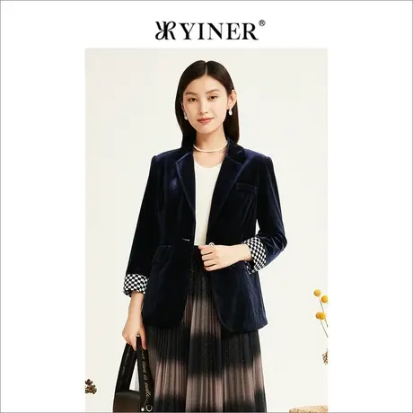 *YINER音儿奥莱女装2022秋季新款格子金丝绒西装外套图片