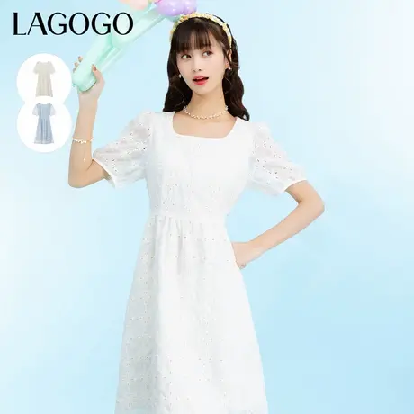 LAGOGO小众设计连衣裙女拉谷谷夏新款方领a字高腰甜美泡泡袖长裙图片