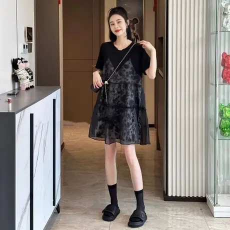 假两件拼接连衣裙女夏季2025新款小个子气质显瘦薄款遮肚子短裙子图片
