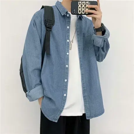 牛仔长袖衬衫男士春秋季港风痞帅设计感休闲宽松冬天衬衣男生外套图片