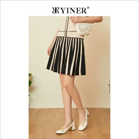 YINER音儿专选女装夏季高腰针织撞色条纹a字半身裙图片