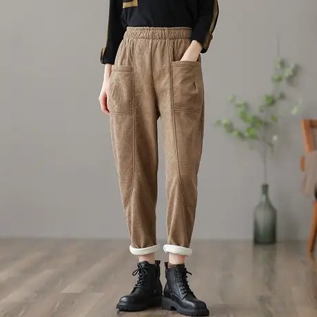 dza 高腰显瘦华夫格加绒裤子女冬季宽松百搭直筒裤休闲加厚工装裤图片