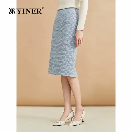 YINER音儿女装2024冬季新款法式清新粗花呢高腰直筒半身裙图片