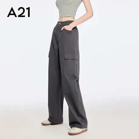 A21女装三色可选休闲裤简约工装裤设计感口袋阔腿裤图片