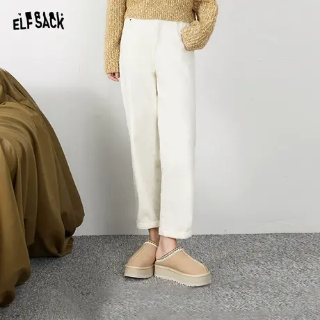 妖精的口袋高腰直筒铅笔裤女2023冬季新款白色宽松显瘦加绒休闲裤图片