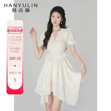 韩语琳白色V领连衣裙女夏季高腰不规则短裙2024新款雪纺蕾丝裙子图片