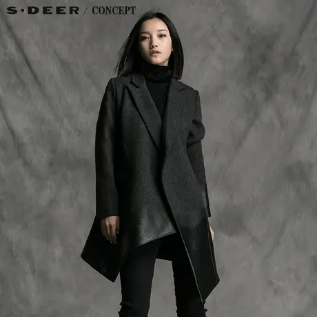 sdeer圣迪奥PU拼接毛呢枪驳领修身长款大衣S15381866图片