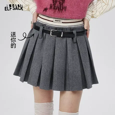 妖精的口袋灰色毛呢百褶裙女2024秋新显瘦高腰短裙图片