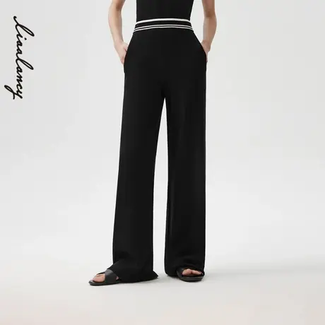 LANCY/朗姿2024春季新款黑色针织长裤子女高腰显瘦休闲百搭直筒裤图片