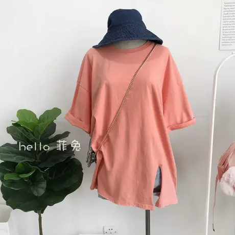 ins超火短袖t恤女夏装2020新款韩版潮纯色开叉宽松显瘦半袖上衣服图片