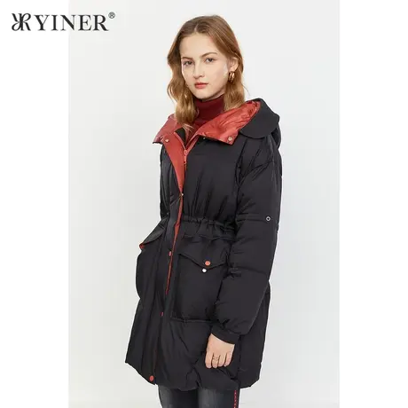 YINER音儿商场同款女装2021冬季新款抽绳收腰撞色连帽羽绒服图片