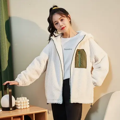 唐狮保暖上衣外套女秋冬拼接仿兔毛连帽加绒加厚青少年休闲百搭潮图片