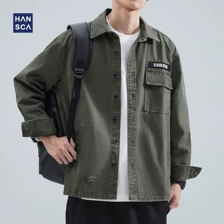 hansca长袖衬衫男高级感休闲宽松青少年秋季新款纯棉痞帅工装外套图片