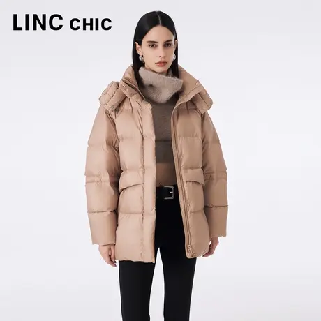 LINCCHIC金羽杰羽绒服女2023秋冬新品量感立领连帽中长款面包服图片