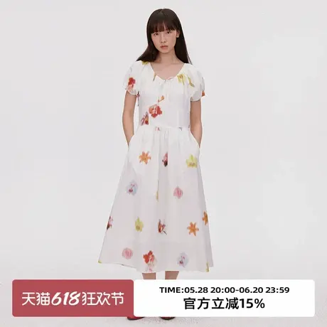 omont蛋挞家花卉印花复古灯笼袖连衣裙2025夏设计收腰显瘦中长裙图片