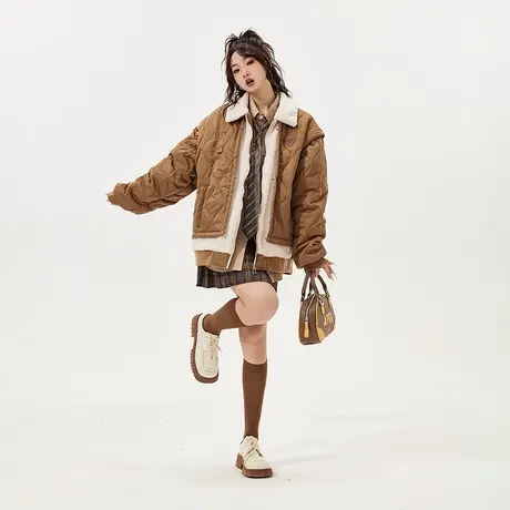 复古羊羔毛拼接棉服女夹棉冬天美拉德外套新款oversize绗棉棉衣图片
