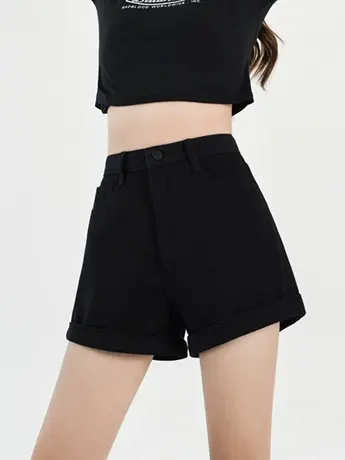 休闲卷边阔腿牛仔短裤女宽松高腰2023春夏小个子显瘦a字热裤ins潮图片